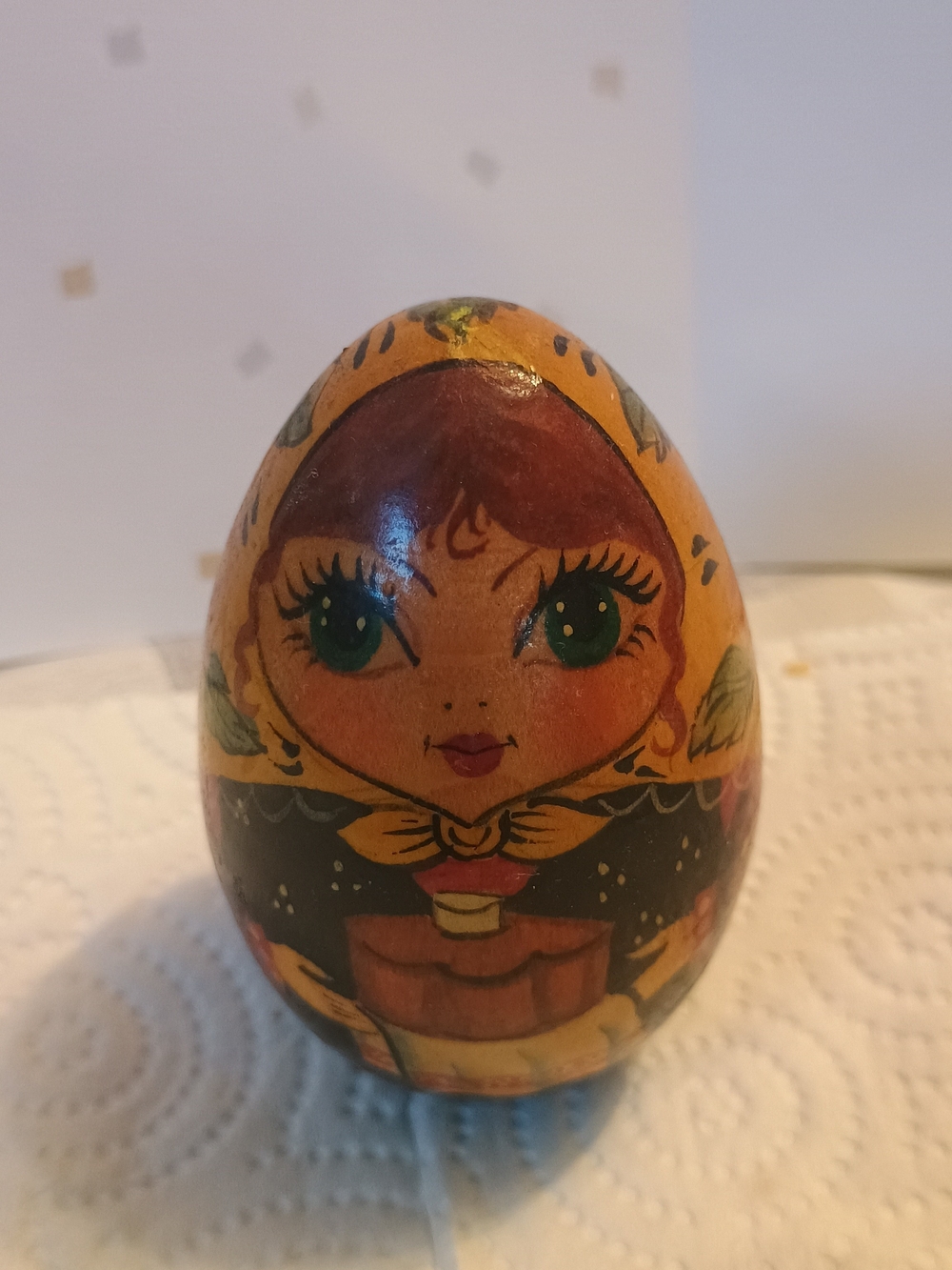 Hand-Painted Yellow Matryoshka-Inspired Decorative Egg Russian   1980s